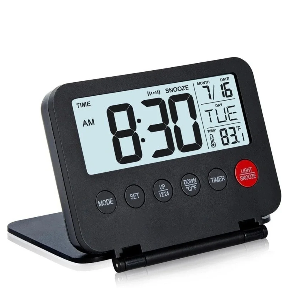 Small Digital Travel Alarm Clock, Large LCD Display Front Button with Black
